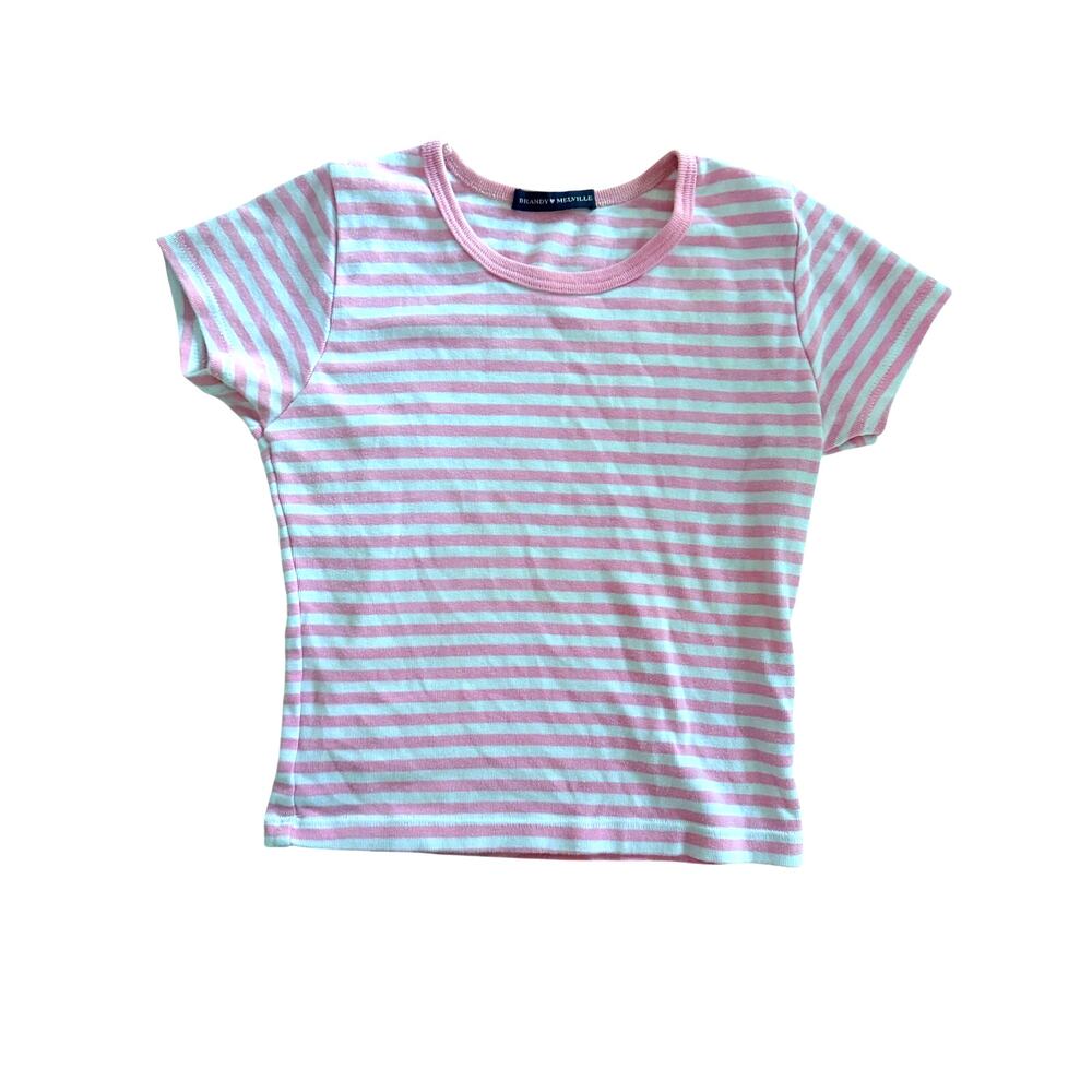 Brandy Melville Pink White Striped Baby Tee Short Sleeve Y2K Fitted Top Preppy